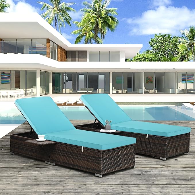 Outdoor Chaise Lounge Cushion Set of 2, Fadesafe Water-Repellent Lounge Deck