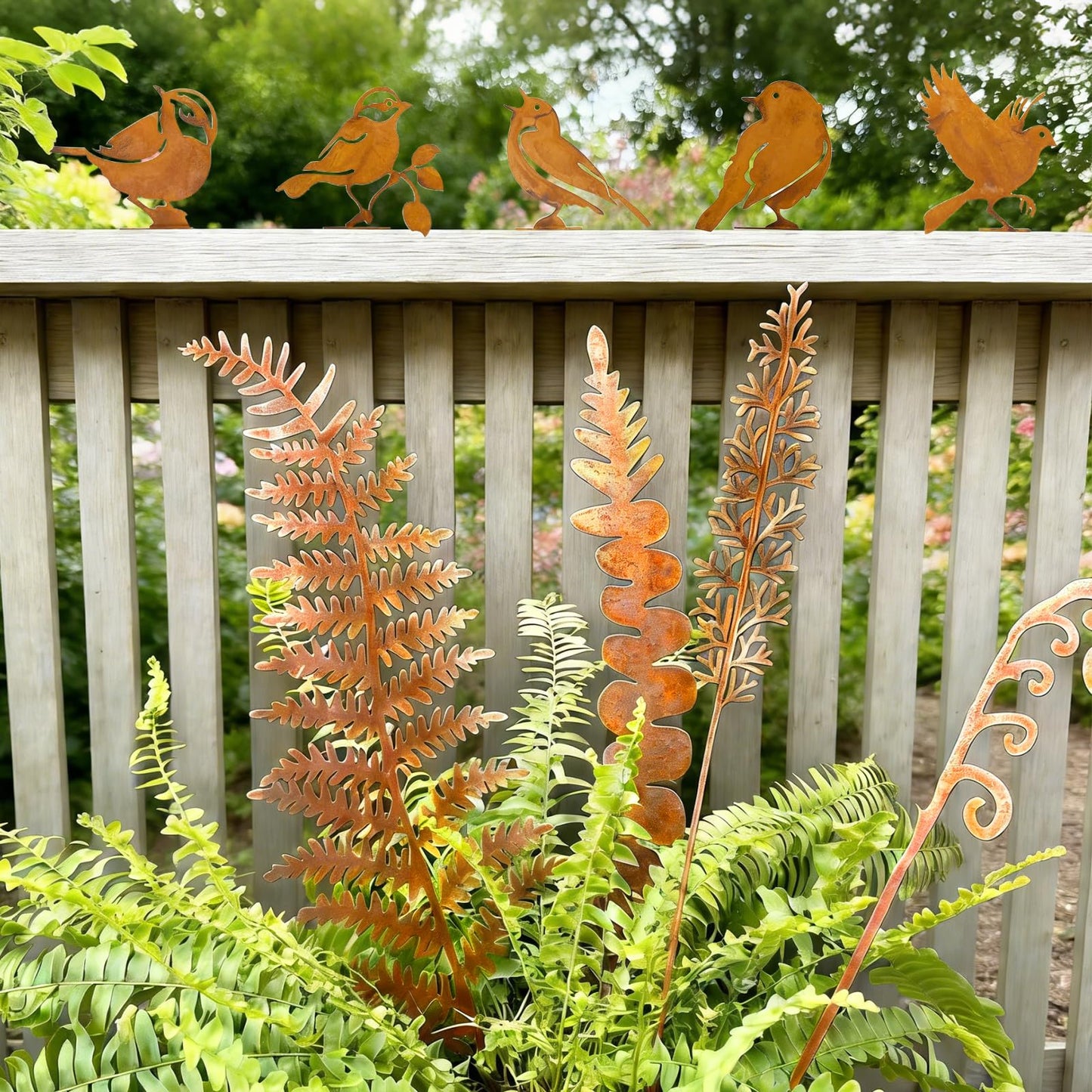 15 Pack Rusty Metal Garden Stakes, Included 10 Metal Fern Plants&5 Bird Silhouettes Outdoor Decorative Plant Stakes Metal Flowers Rustic Yard Art Fence Decor for Outside Potted Plants Lawn Courtyard
