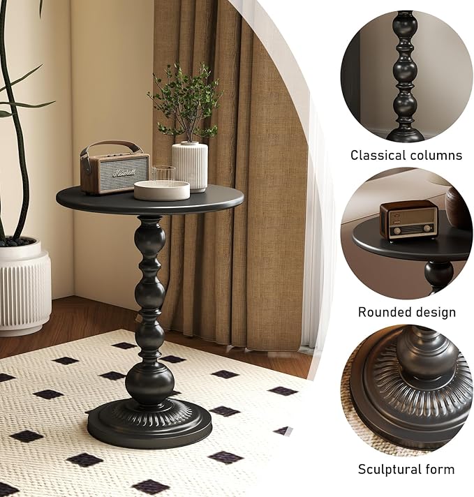 Funecy Metal Small End Table, Vintage Matte Black Round Side Table Nightstand