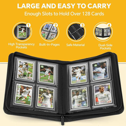 Toploader Binder, 4 Pocket Trading Card Binder Holds 128 Top Loaders, Premium Zipper Card Storage Case with Double-Sided Pockets for 3x4'' Toploaders, TCG, MTG, Sports Cards.(Hermes Orange)
