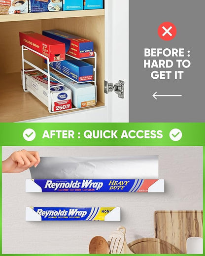 Skywin Adhesive Foil and Plastic Wrap Organizer, Fits Box Width up to 1.77in/45mm Aluminum Foil Organization and Storage, Space-Saving Wall-Mounted Kitchen Plastic Wrap Holde (White)