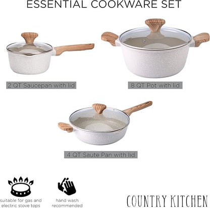 Country Kitchen Non-Stick Cast Aluminum Cookware Set - Durable Kitchen Cookware for Everyday Cooking, Speckled Cream, 6 Pc.