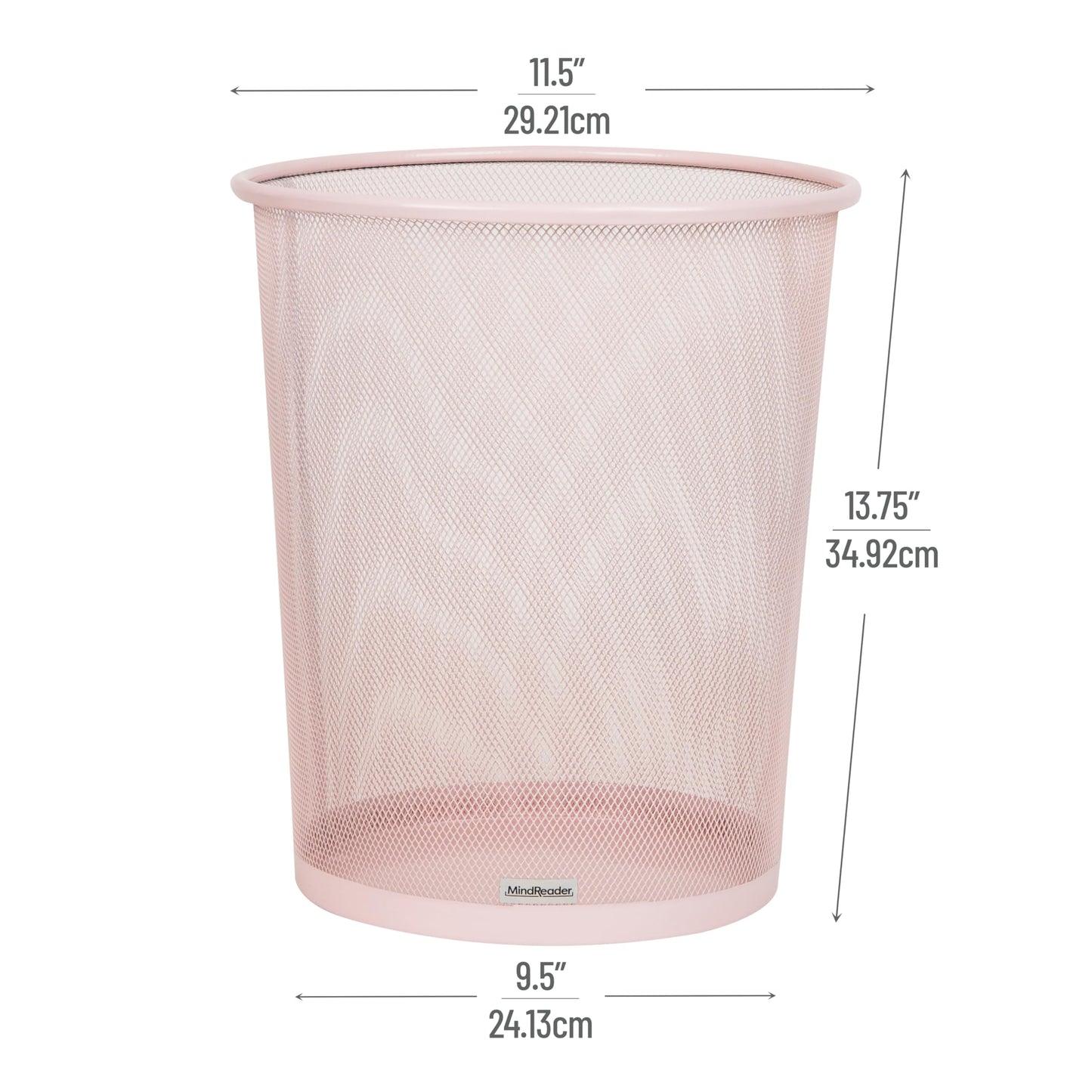 Mind Reader Mesh Trash Can, 16.65L (4.4 gal), Waste Paper Basket, Round, Office, Metal Mesh, Pink