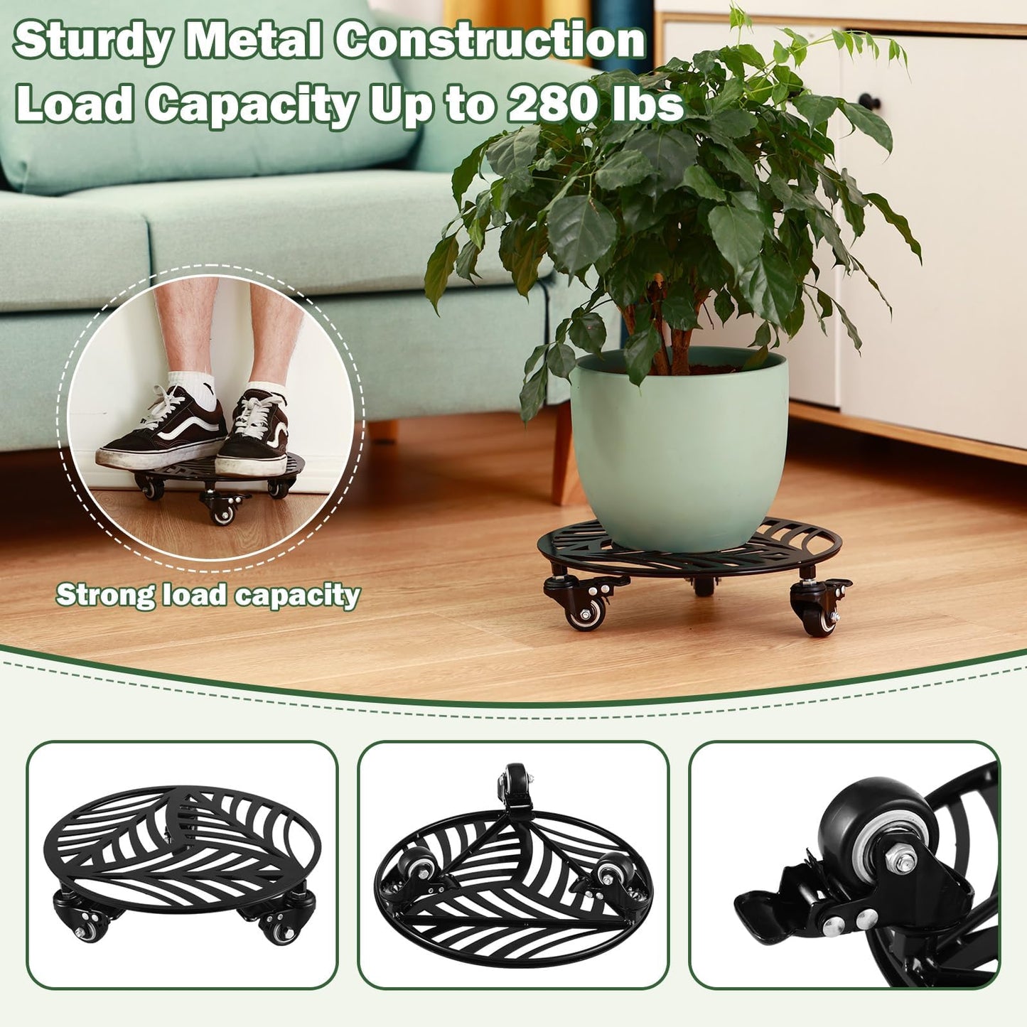 3 Packs Metal Plant Caddy with 3 Metal PU Wheels 12 Inches Heavy-duty Wrought Iron Rolling Plant Stands with Casters Indoor and Outdoor Plant Pot Roller Base Plant Dolly Coaster Movers Black