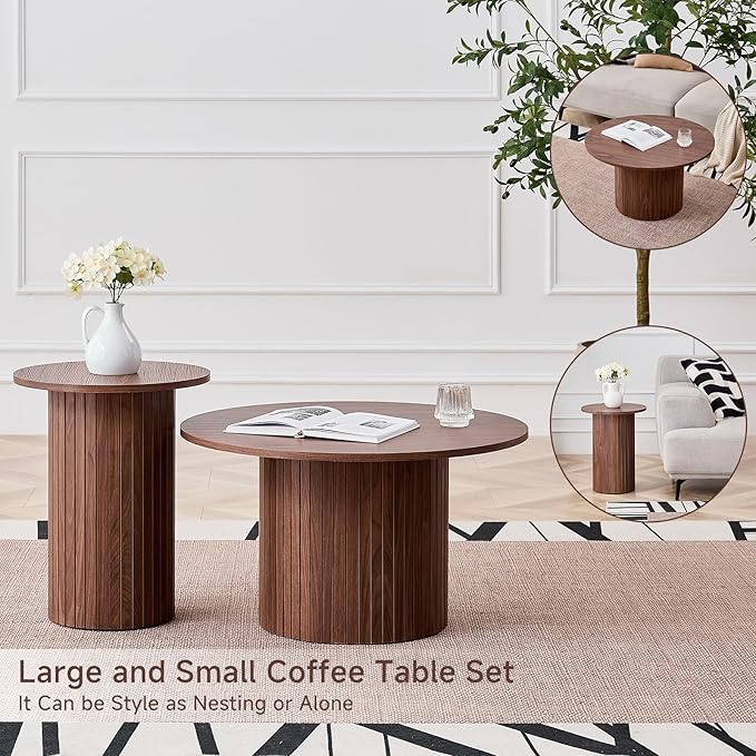 Round Nesting Coffee Table Set of 2 Mid Century Modern Wood Round Coffee Tables