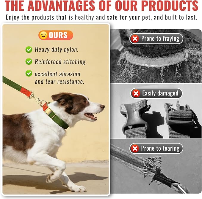 Dog Collar and Leash Set with Metal Quick Release Buckle, Adjustable, Breathable Nylon, Durable, Soft and Comfortable, No Pull for Walking and Training, Green, L (14.9"-22.8")