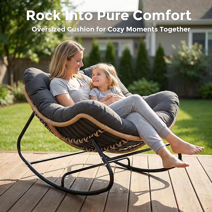 SWITTE Outdoor Papasan Rocking Chair, Oversized Patio Egg Chair