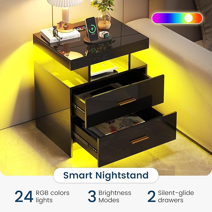 HNEBC Auto LED Nightstand with Wireless Charging Station & USB Ports, High
