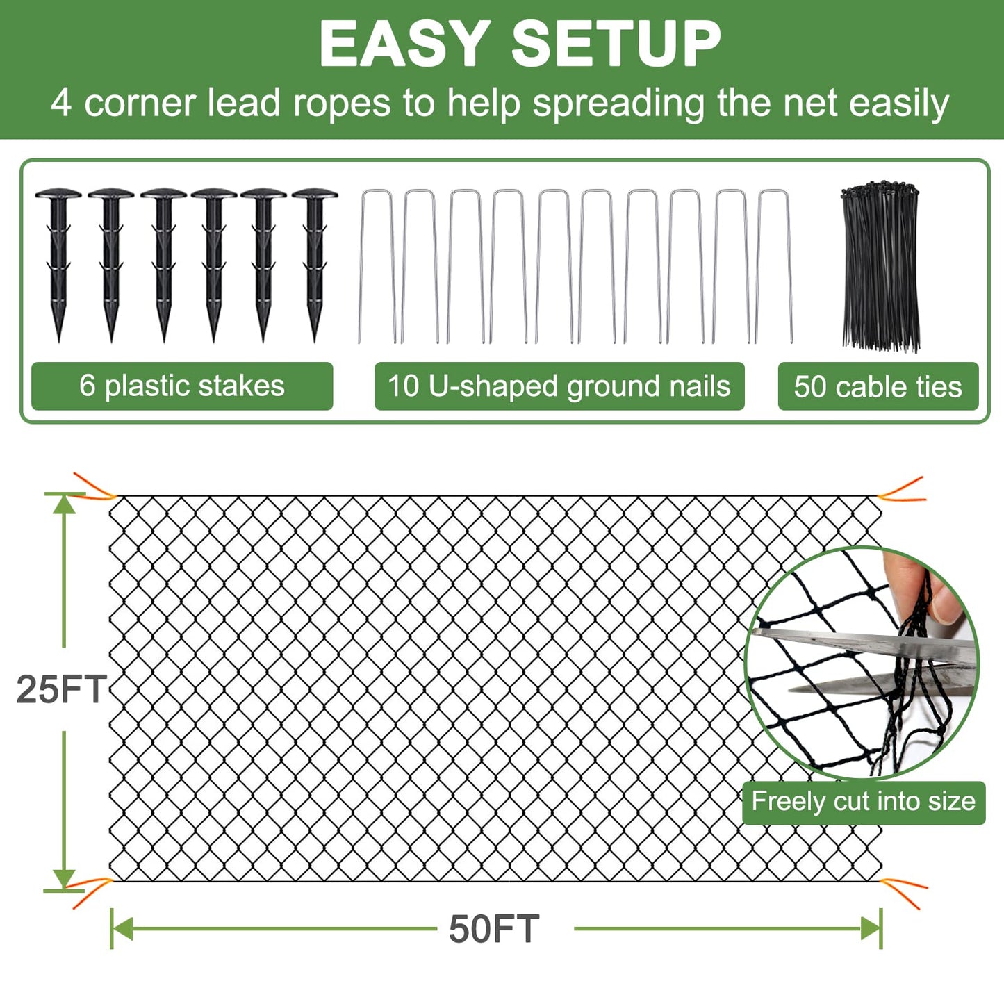 DQS Bird Net - 25' x 50' Garden Netting with 2.4" Square Mesh Protect Fruit Tree, Plant and Vegetables from Poultry, Deer and Pests, Heavy Duty Bird Netting for Garden, Farm, Orchard