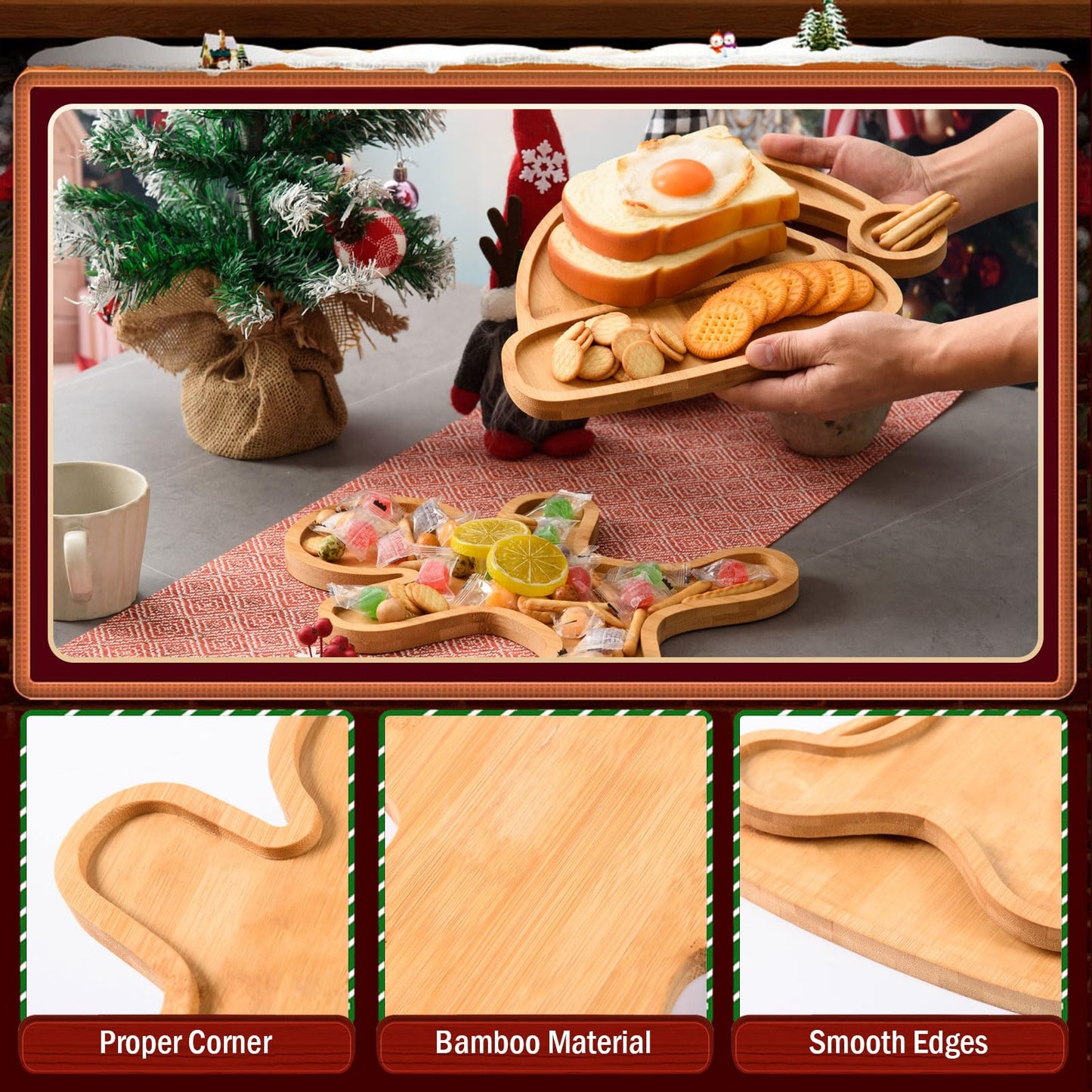 AWIZOM 2 Pcs Christmas Serving Platters Santa Hat and Gingerbread Man Shaped Wood Trays Winter Bamboo Charcuterie Boards Decorative Wood Snack Dish Plates for Xmas Holiday Housewarming Presents