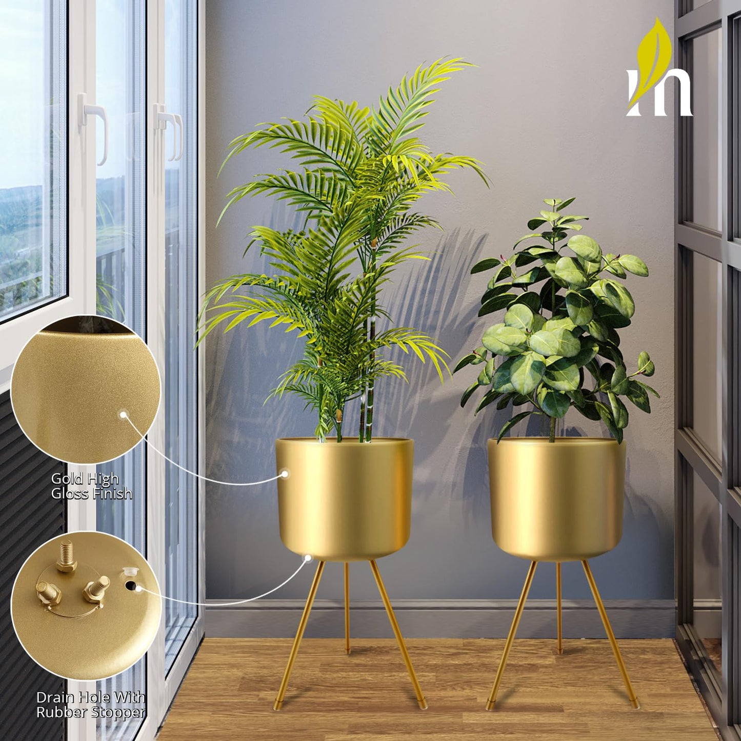 magarz Mid-Century Metal Flowerpot with Stands, Stylish Modern Floor-Standing Flowerpot,Suitable for Orchid, Aloe Indoor Outdoor Decoration 10'' Wide 20'' high (Large, Gold)