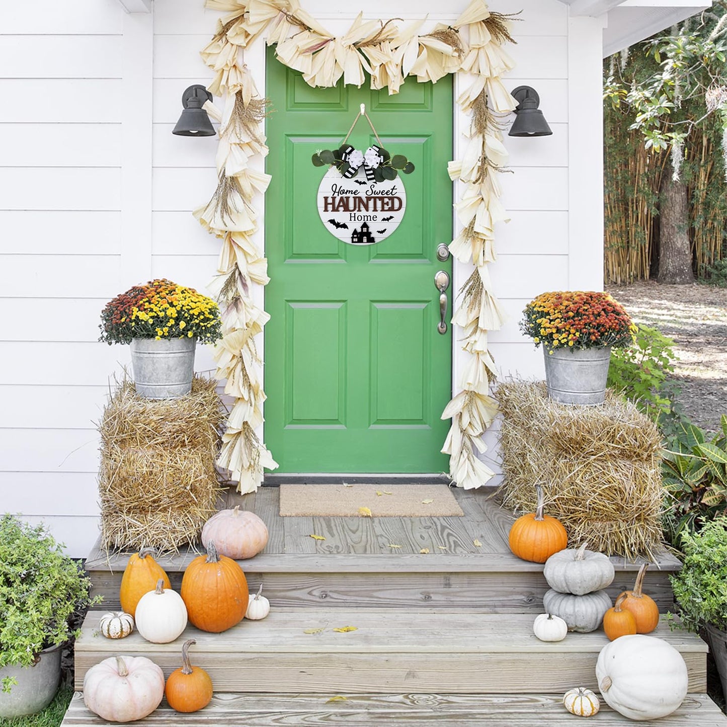 HOURIA Happy Halloween Wreaths Wooden Sign (11.4”x11.4”),3D Home Sweet Haunted Home Door Sign,Rustic Halloween Themed Castle Bat Wall Hanging Sign for Front Door Party Farmhouse Office