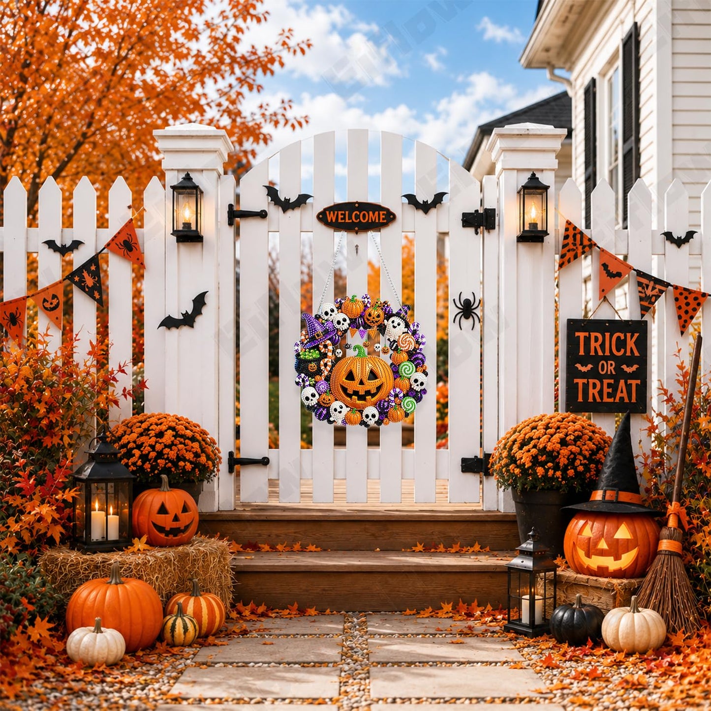 Eiflow Halloween Diamond Art Hanging Kit for Adults, DIY Acrylic Diamonds Craft Painting Hanging Ornament Board Kit, Special Crystal Diamond Art Painting Window Door Hanging Pendant (Pumpkin Wreath)