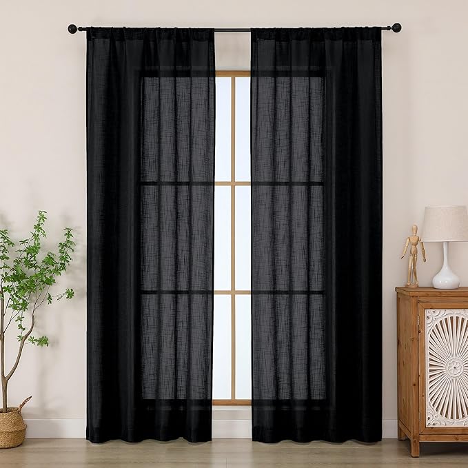 Chyhomenyc Black Semi Sheer Curtains 84 Inches Long 2 Panels Set, Light