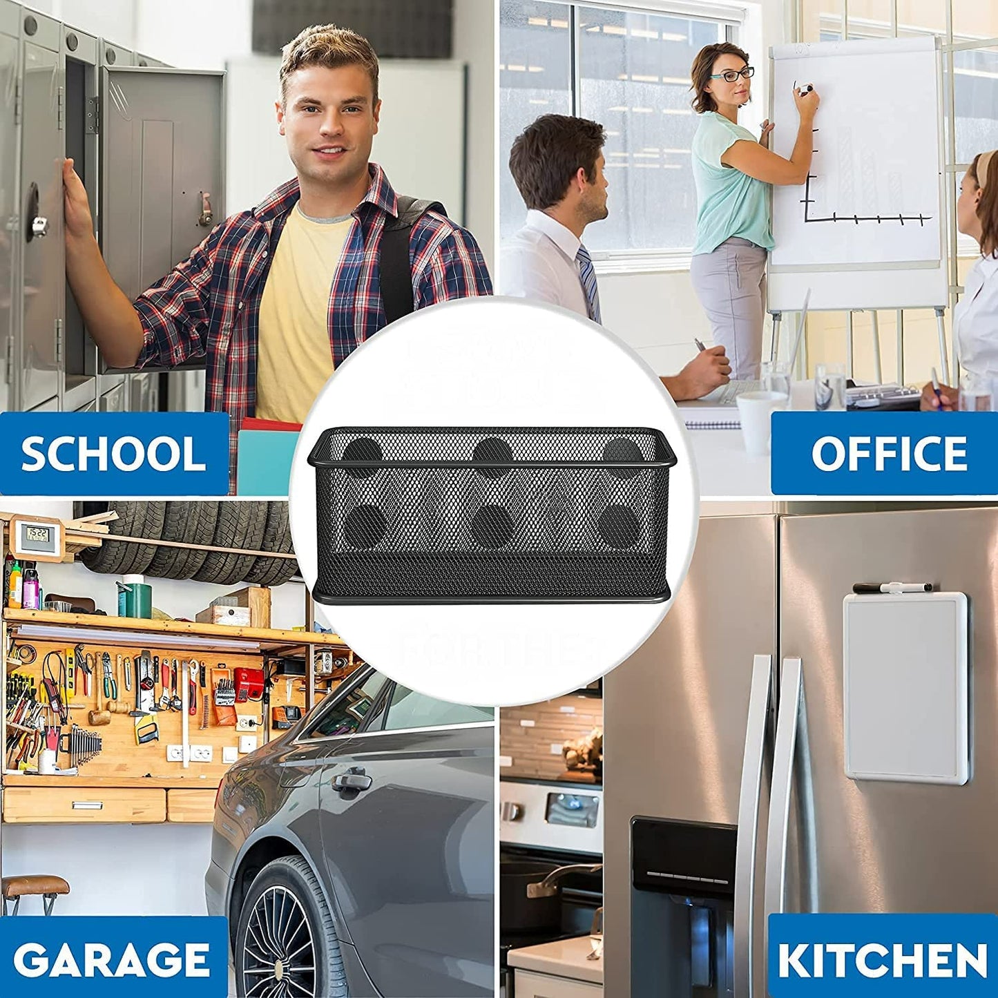 TAPBULL Mesh Magnetic Storage Baskets - Set of 3 (Black) with Anti-Slip Feature and Strong Magnets - Magnetic Locker Organizer and Pencil Holder for Whiteboard and Refrigerator (Black-3 pcs)