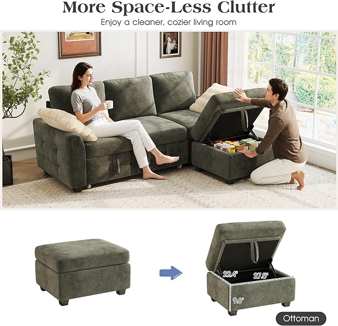 Ihanherry Modular Convertible Sectional Sofa Bed, Reversible Chaise & Storage