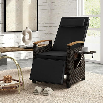 RELAX4LIFE Rattan Outdoor Recliner Chair - Wicker Chaise Lounge Chair w/Adjustable Back & Footrest, Acacia Wood Armrests, Flip Side Table, Cushion, Reclining Patio Chair for Pool Yard (2, Black)