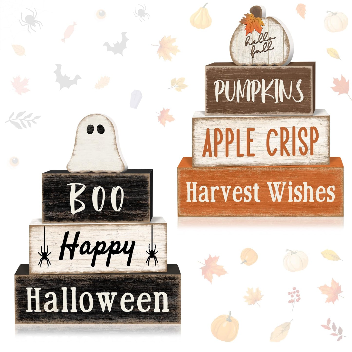 8Pcs Fall and Halloween Decor Wooden Ghost Pumpkin Table Decorations, Halloween Fall Tiered Tray Decor Rustic Cute Ghost Pumpkin Stack Signs Tabletop Centerpieces for Home Office Kitchen Shelf