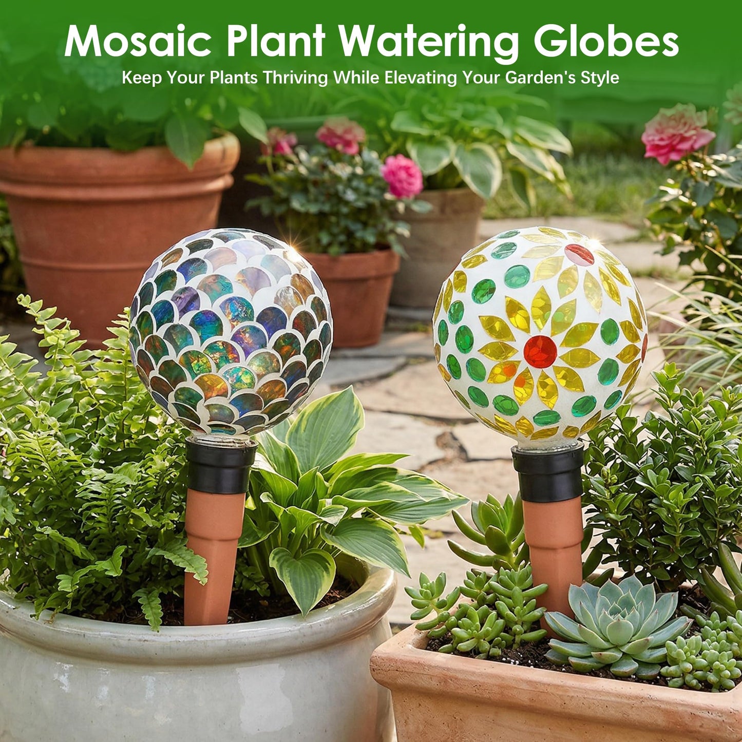 Chonsun Plant Watering Globes Mosaic Self Watering Spikes 2 Pack for Indoor Outdoor Plants Automatic Plant Waterer Plant Watering Devices for Vacations Pot
