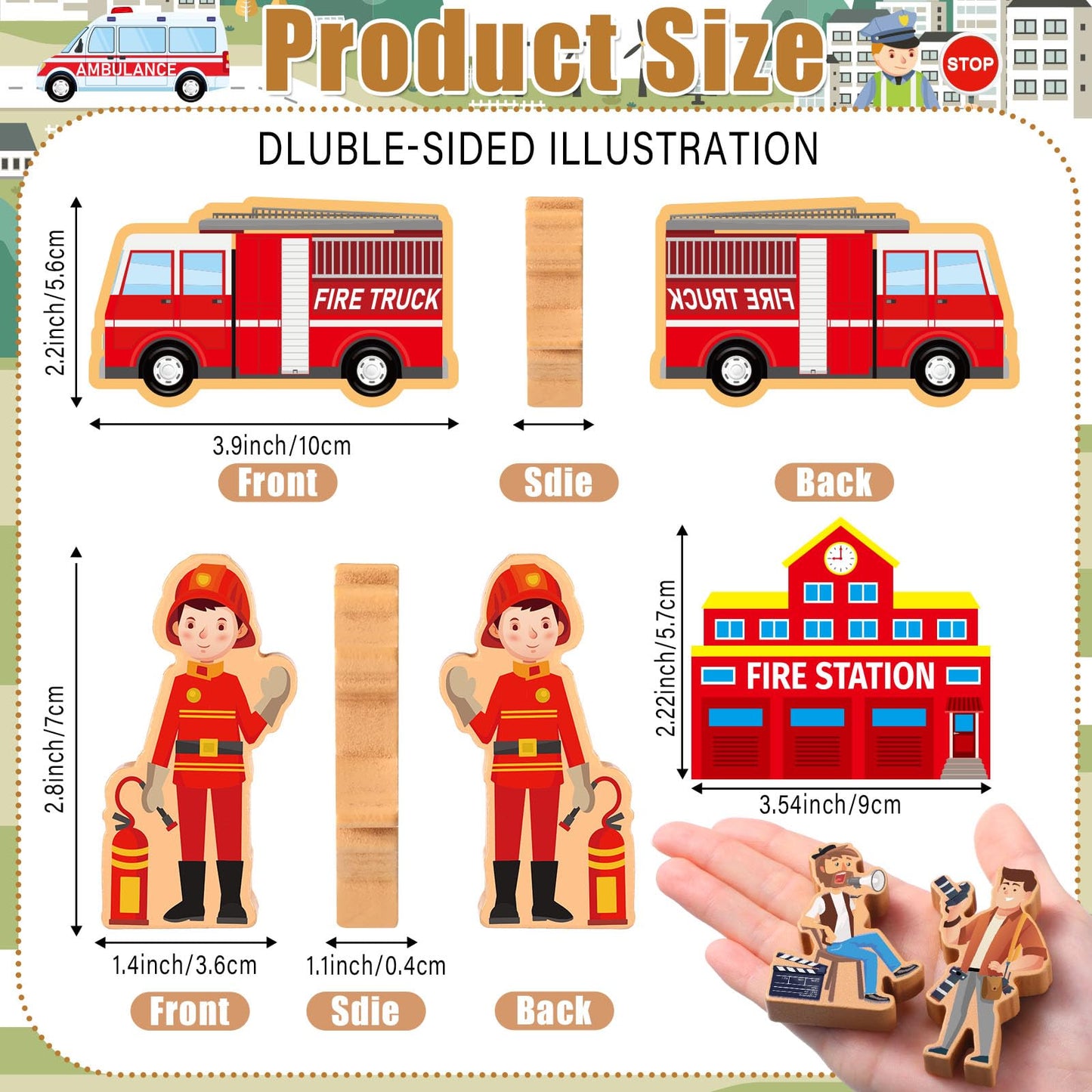 Blosssound 81 Pcs Wooden Community Helpers Toys Wooden Car Town Set Wood People Figures Multicultural Career Wood Blocks for Preschool Classroom Diversity Play Games Educational Activity Supplies