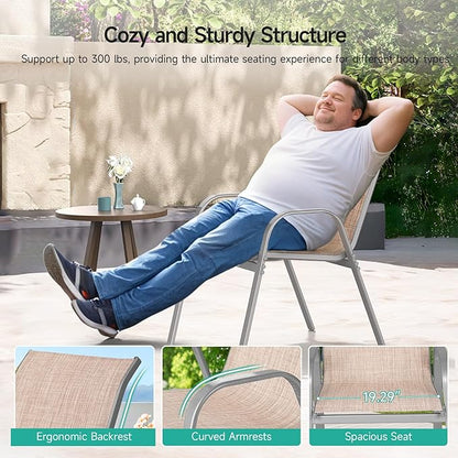 Patio Chairs Sset of 4, Easily Set Up Stackable Outdoor Dining Chairs with High Back and Wide Seat, All Weather Breathable Outdoor Chairs Set of 4 with Metal Frame for Backyard Deck Pool, Beige