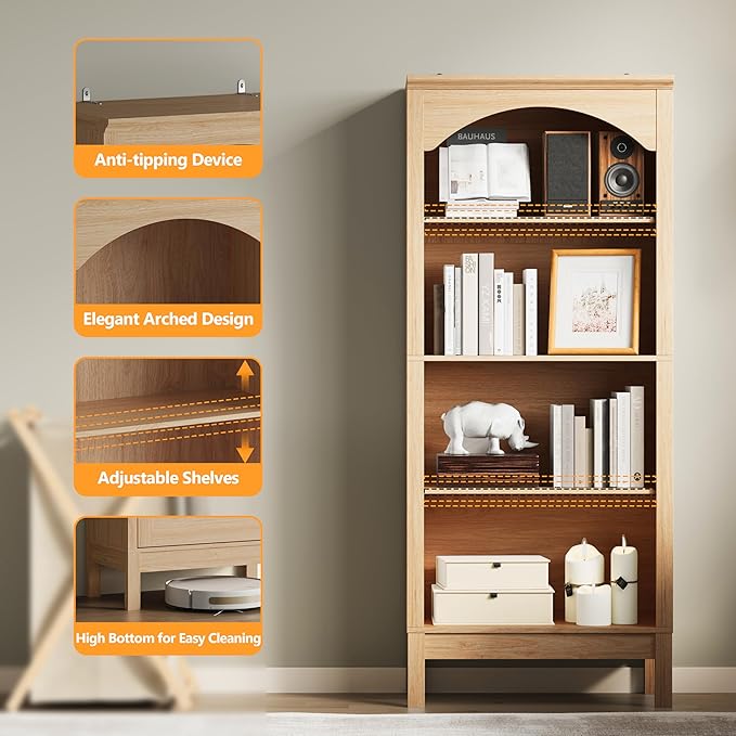 Arched Bookshelf with 4 Tier Open Shelves, Study and Living Room, Natural Oak