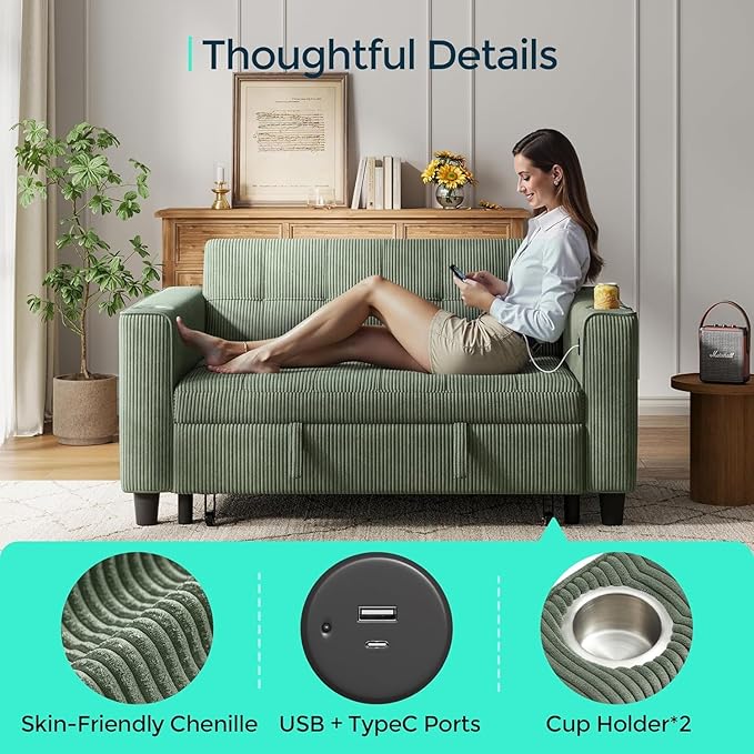 LINSY 54" Pull Out Couch with Charging Station