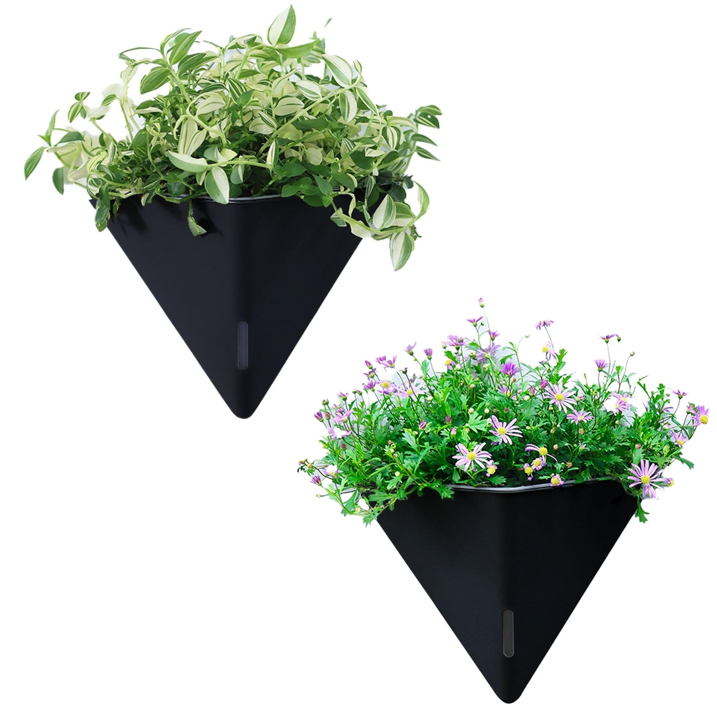LaLaGreen Bundle - 12" x 2 Pack Gray + 12" x 2 Pack Black Large Self Watering Geometric Hanging Flower Vase Vessel with Metal Hanger, Modern Stylish Wall Mounted Succulent Pot Holder Decor