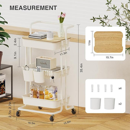 DTK 3 Tier Rolling Utility Cart with Cover Top Board, Movable Kitchen Storage Cart Trolley with Lockable Wheels, Cups, Hooks for Kitchen Bathroom Home Office Art Craft Storage and Organization(White)