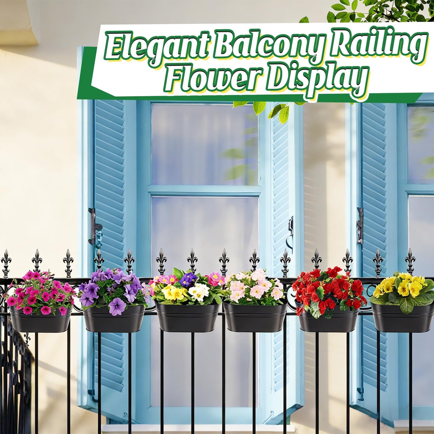 MADHOLLY Railing Planter with Drainage Holes - 6Pcs Sturdy Bucket Pots for Railing Fence, Countryside Style Metal Flower Pots for Herbs Balcony Garden Yard Decor, Black