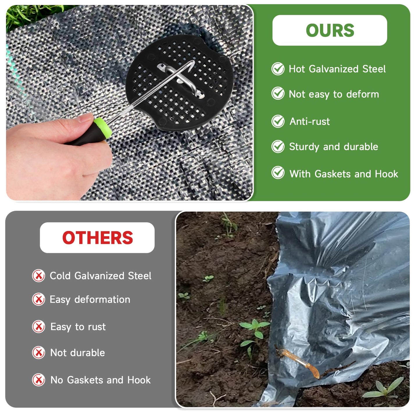 JELNER Garden Stakes,6 Inch 11 Gauge 50pcs Galvanized Landscape Staples + 50pcs Gaskets + 1Pick Hook,Tent Stakes Landscaping Fabric SOD Pins for Weed Fabric Barrier,Groud Cover,Fence