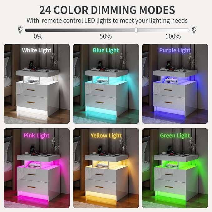 Smart Night Stand with Charging Station, Modern White Nightstand with 24 Color