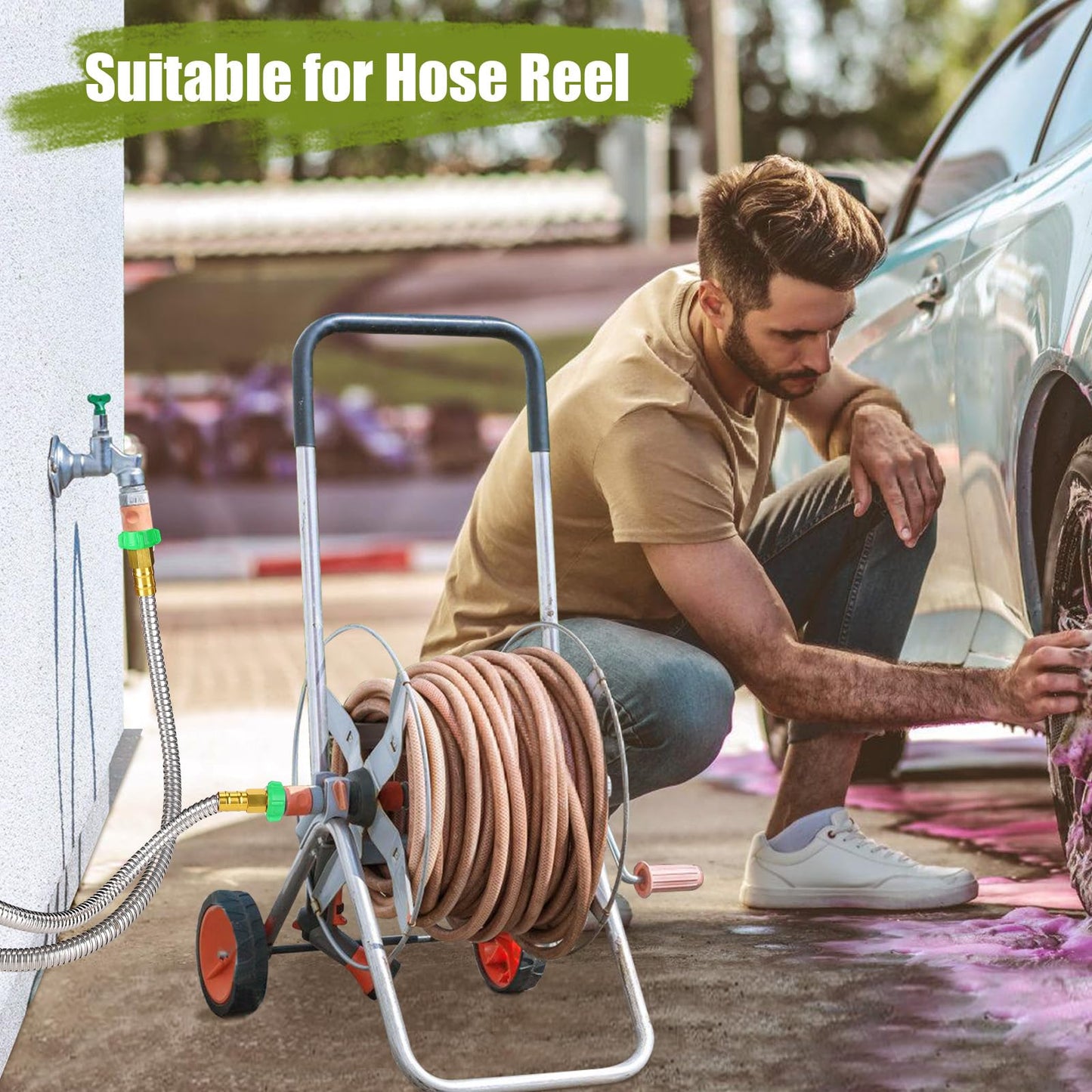Short Garden Hose with Female to Female Connector, 5ft Metal Leakproof Leader Hose for Hose Reel, Heavy Duty 304 Stainless Steel Flexible Hose for Outdoor Garden Watering Car Pet Cleaning