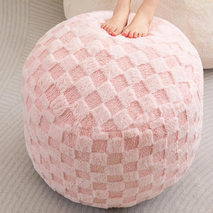 HIGOGOGO Round Stuffed Pouf Ottoman, Plaid Poufs