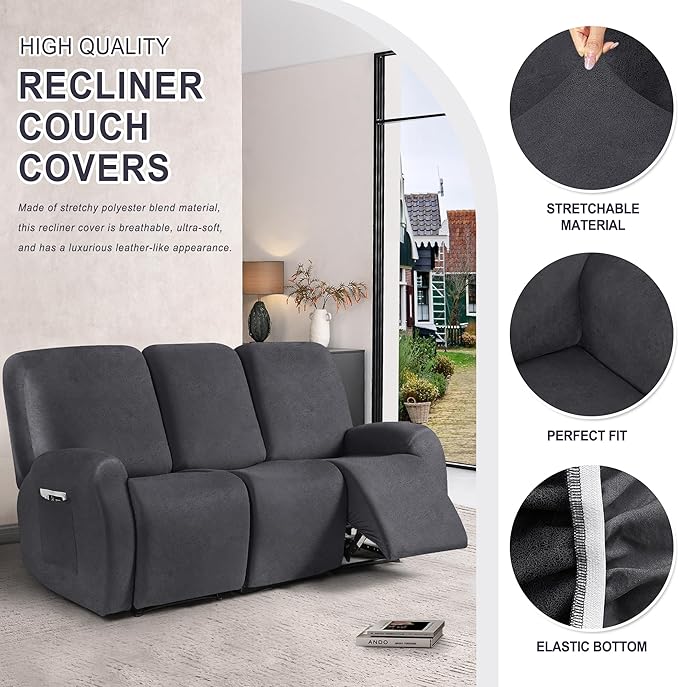 ANARACHON Leather Look Recliner Couch Cover, 8-Pieces Stretch Recliner Sofa