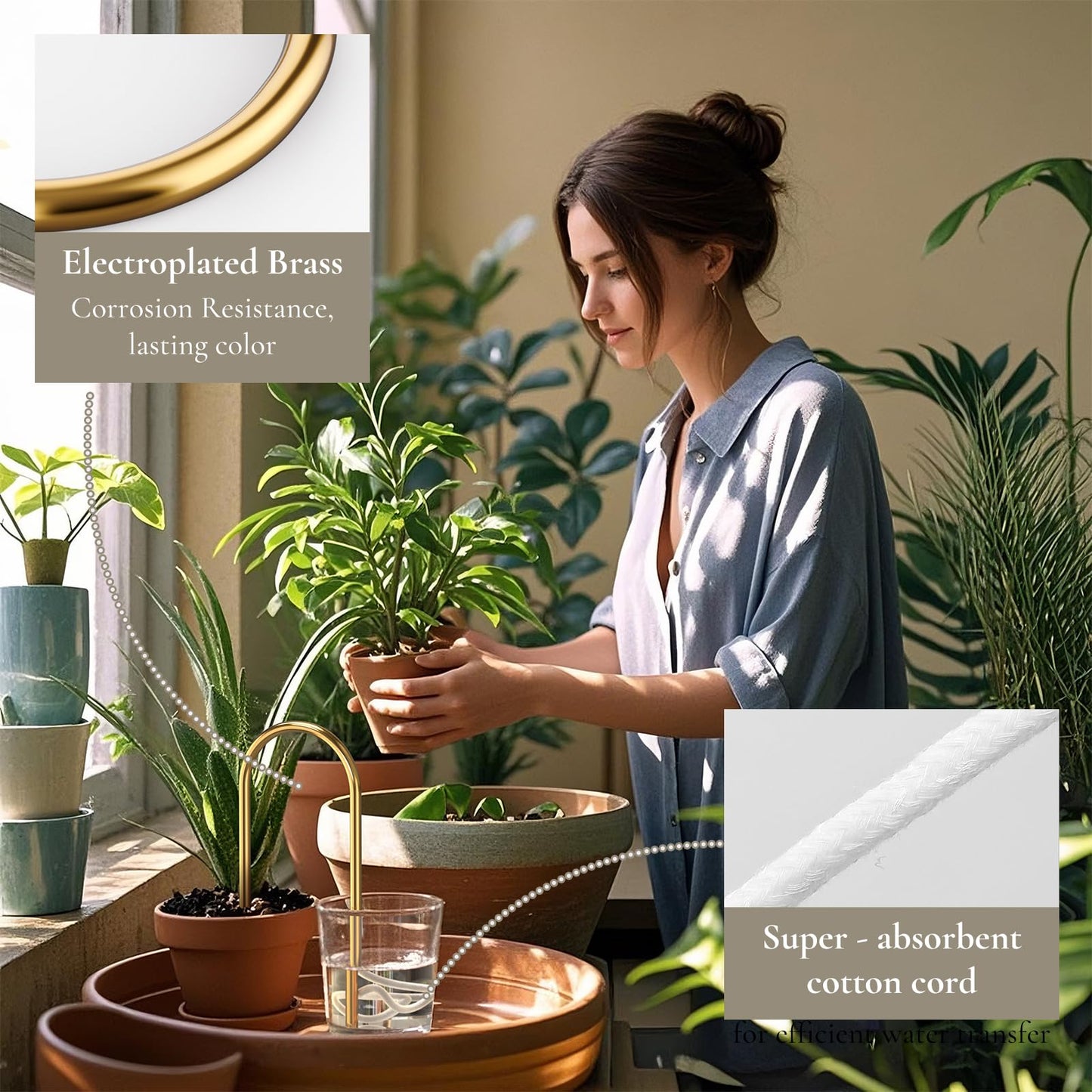 Jinnee Yard，The Intelligent Plant Self-Watering Devices Made of Brass and Cotton，Indoor Plant Watering Devices，Vacation Plant Waterer (Matte Finish)
