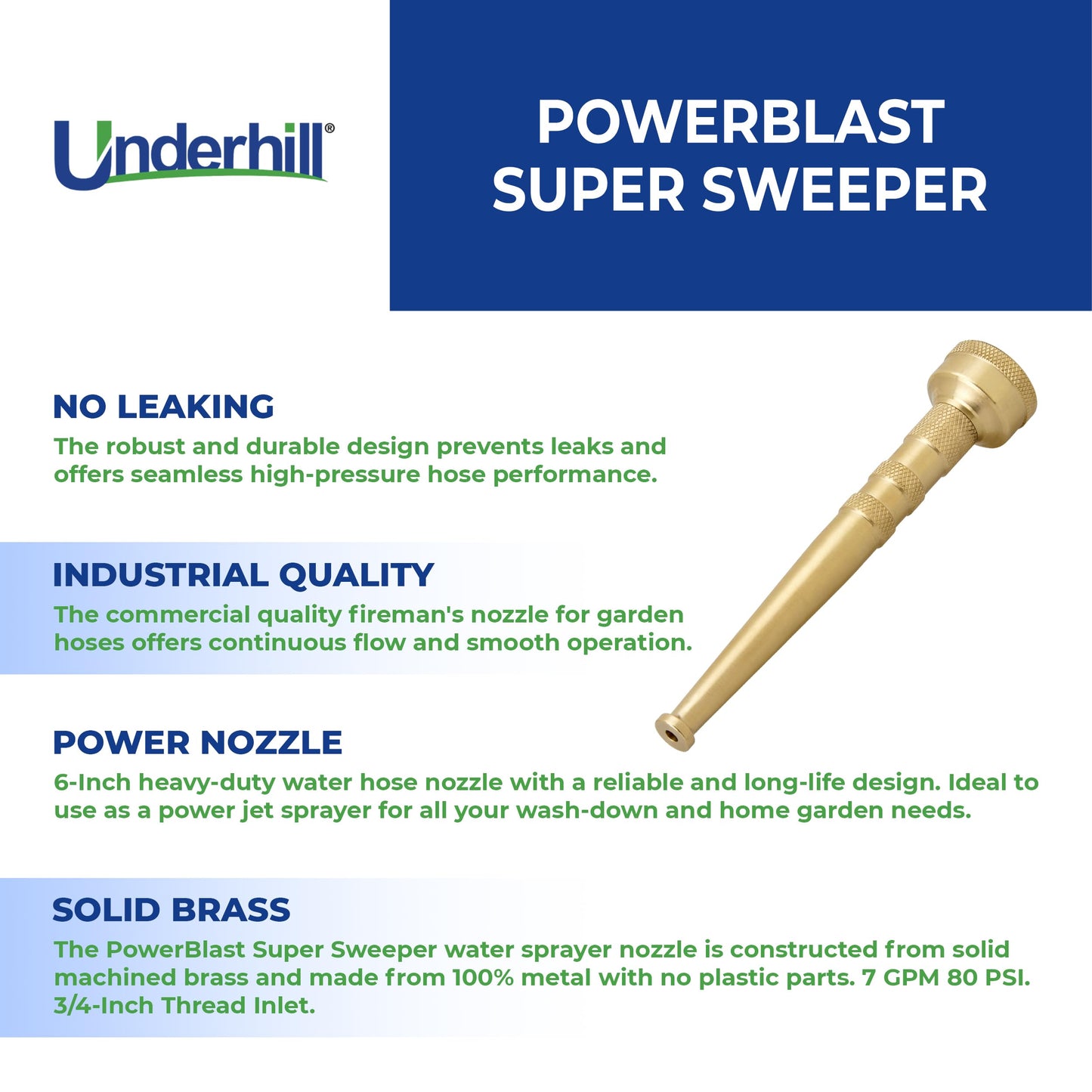Underhill PowerBlast Super Sweeper 6-Inch Garden Water Hose Nozzle, Sprayer, Jet, 7 GPM 80 PSI, 3/4-Inch Thread Inlet, Heavy-Duty Adjustable, SN6-75