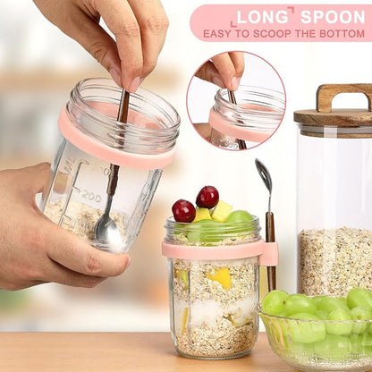 16oz Glass Mason Overnight Oats Jars, Cereal, Yogurt, Salad Lunch,Glass Overnight Oats Containers with Lids and Spoon, Container with Measurement Marks - (Yellow-2Pcs)