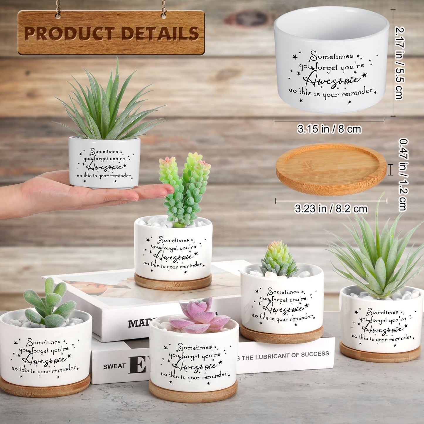 Seewey 12 Pcs Inspirational Succulent Pots Thank You Gift Bulk for Women Employee Teacher Coworker Sometimes You Forget You're Awesome Small Ceramic Plant with Bamboo Trays for Office Staff Graduation