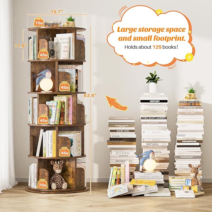 Aheaplus Rotating Bookshelf, 360 Display Wood Spinning Bookshelf Tower