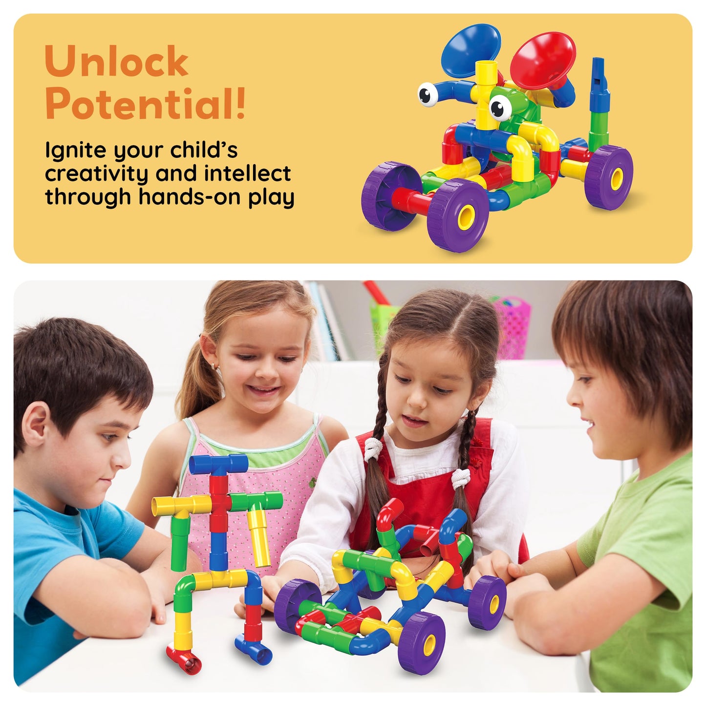 PicassoTiles PTT136 136pcs Tubular Pipes & Spout STEAM Interlocking Educational Building Block Set, Tube Locks, Pipeworks Construction Blocks w/Storage Container Box, Idea Book, Flute Musical Kit