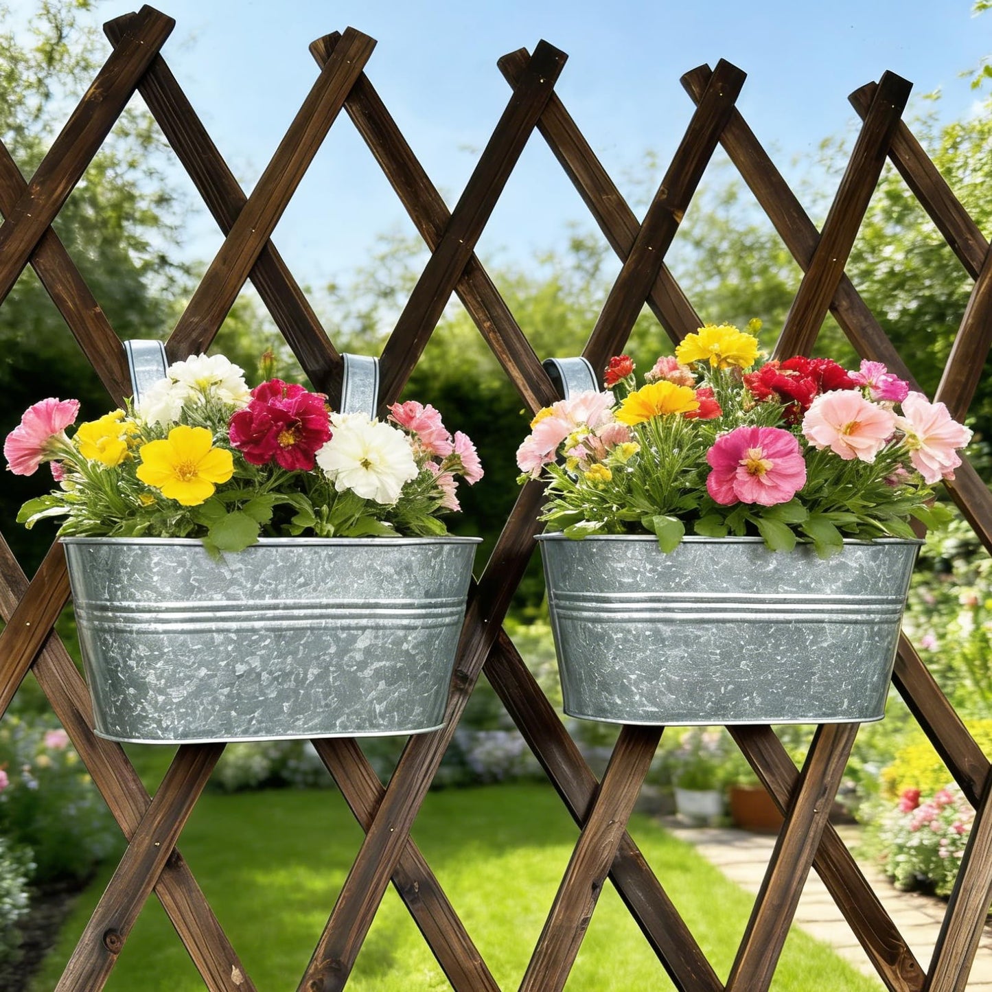 Joyfernal Balcony Galvanized Hanging Planters Railing Flower Pots, Outdoor Metal Fence Planter Pot with Detachable Hooks Drain Hole for Garden Patio Yard Decor (10 Inch, 2Pcs)