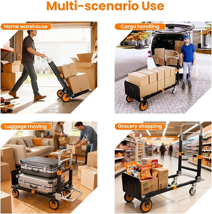 3-in-1 Folding Hand Trucks, 600Lbs Convertible Hand Truck Dolly, Heavy Duty