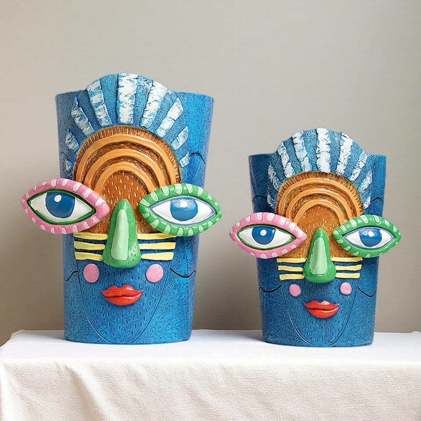 Yhupl Picasso Abstract Face Flower Pot,Plant Pot with Facial Expressions,Handmade Resin Plant Pot with Drainage Holes,for Indoor and Outdoor Botanical Home décor (Blue Small)