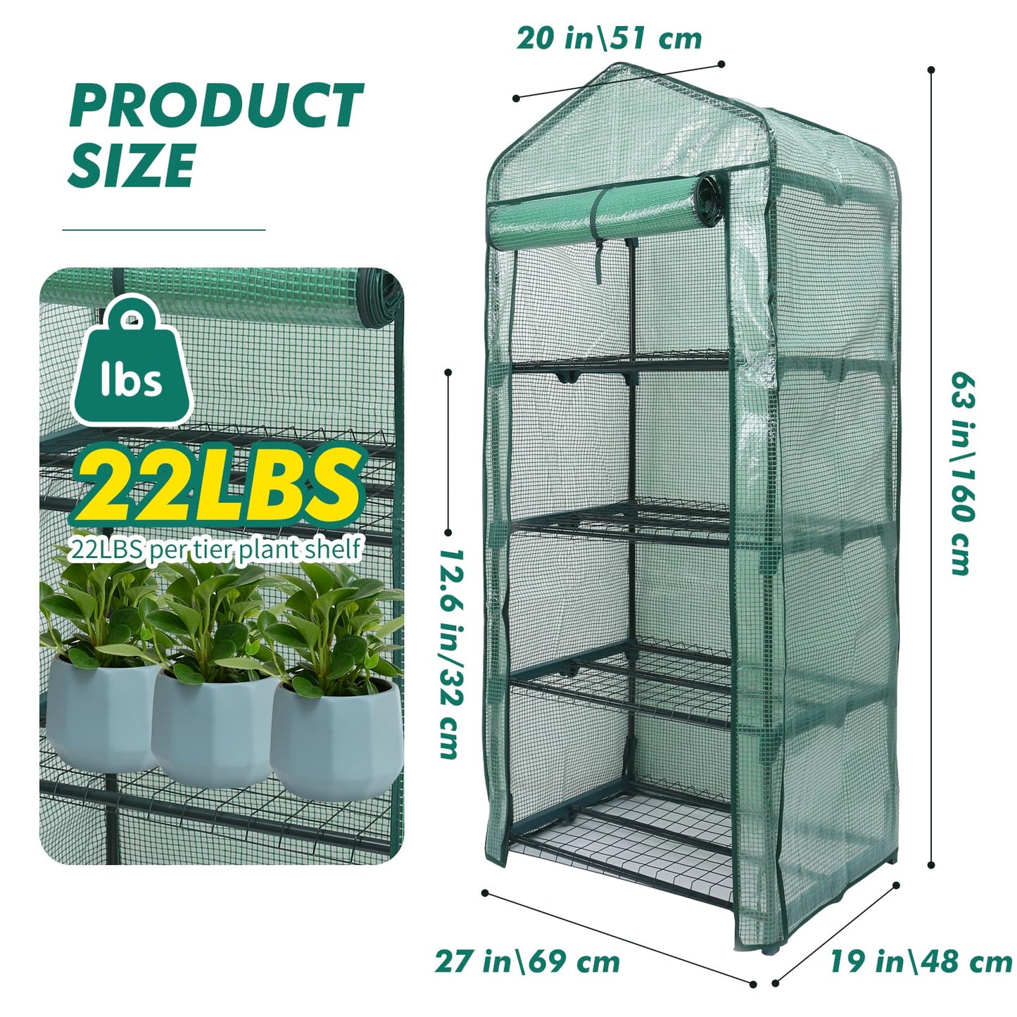 MaxWorks 4-Tier Portable Walk-in Greenhouse – 27" x 19" x 63" – Tall Mini Plant Grow House with Clear PE Cover & Steel Frame – Indoor/Outdoor Shelter for Seedlings, Herbs, or Flowers (51962)