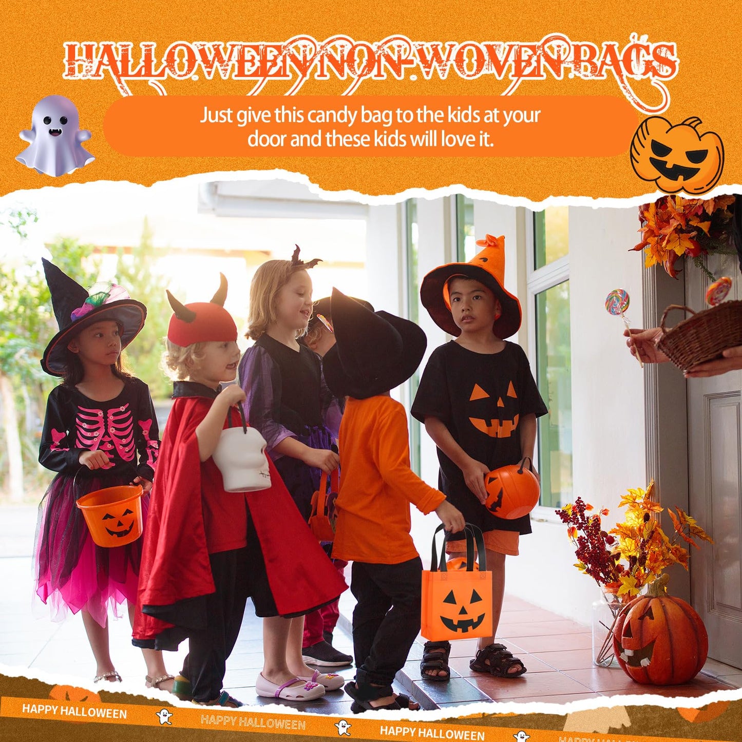 Silkfly 7.9 x 7.9 Inches Halloween Non Woven Bags Pumpkin Bags Trick or Treat Bags with Handles Goody Tote Gift Bag for Halloween Party Favors Supplies Kids Adults (50), (HAA-Silkfly-1274)