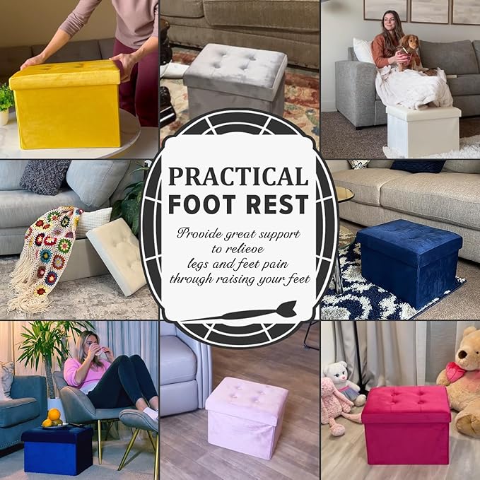 LINMAGCO Storage Ottoman Folding Foot Stool Velvet Foot Rest