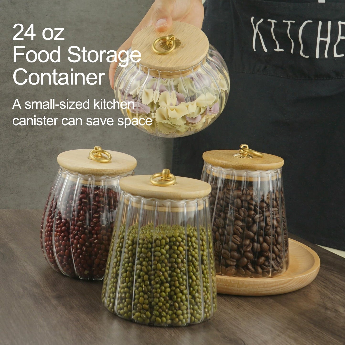 LUATSDAR Clear Glass Jar Coffee Canister, Cookie Candy Jar Sugar Container with Airtight Bamboo Lid, 23 FL OZ Kitchen Food Storage Container for Pantry, Flour, Pasta, Cereal, Beans, Spice, Round