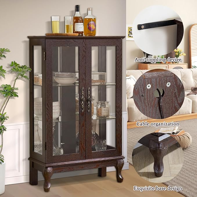 Curio Cabinet with Lighted Display, Glass Display with Mirrored Back, Vintage