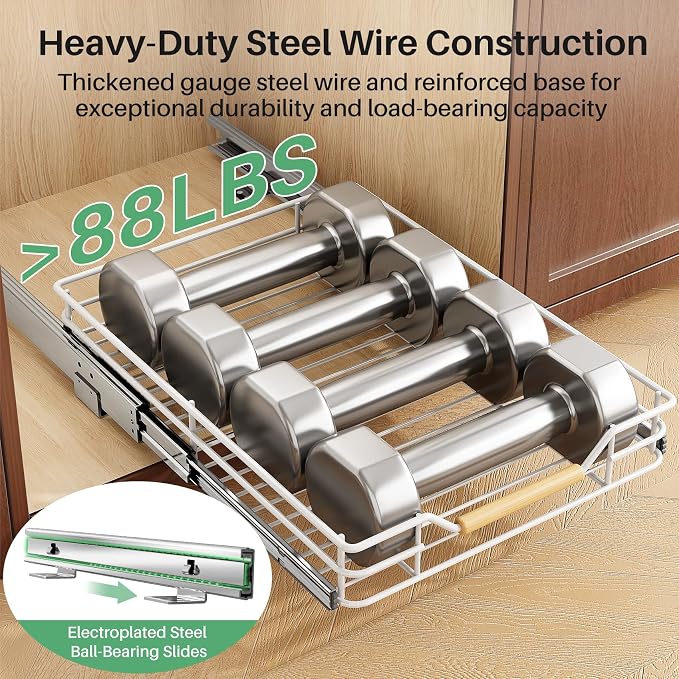 Pull out Cabinet Organizer, 15"W X 21"D, Heavy Duty Smooth Sliding Under Cabinet Shelves for Pots and Pans, Full-Extension Roll out Drawers, Slide out Organization for Home Kitchen Pantry, White